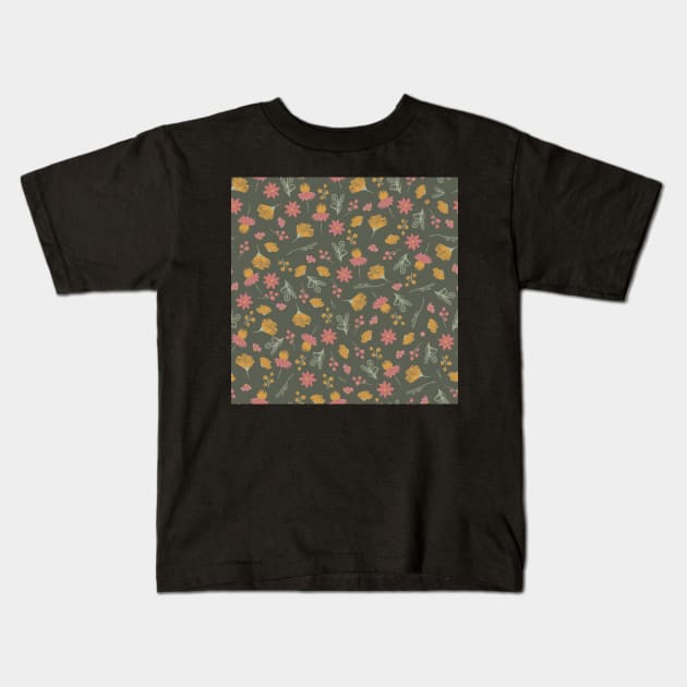 Sketchy Floral on Grey Green Kids T-Shirt by MSBoydston